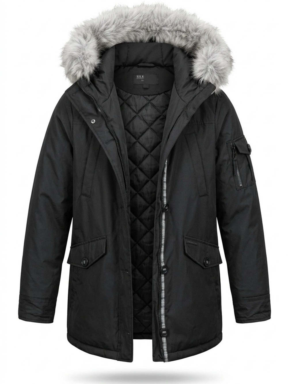 Skechers women’s Black Puffer Parka with Gray Faux-Fur Hood Trim